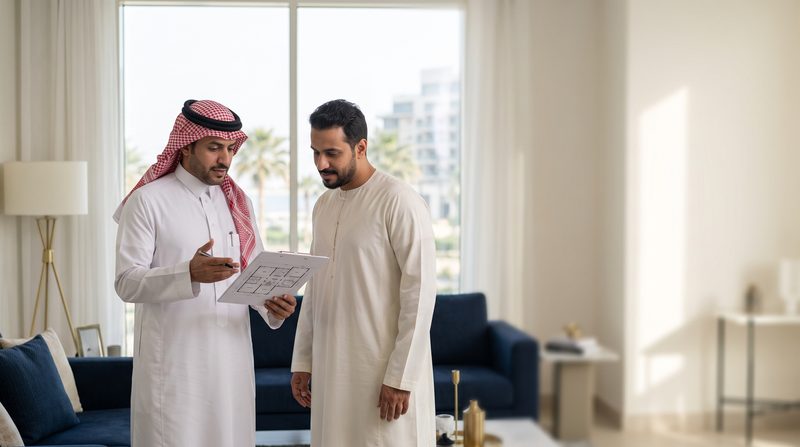 وسيط عقاري يشرح مخطّط وحدة لمشترٍ داخل شقة